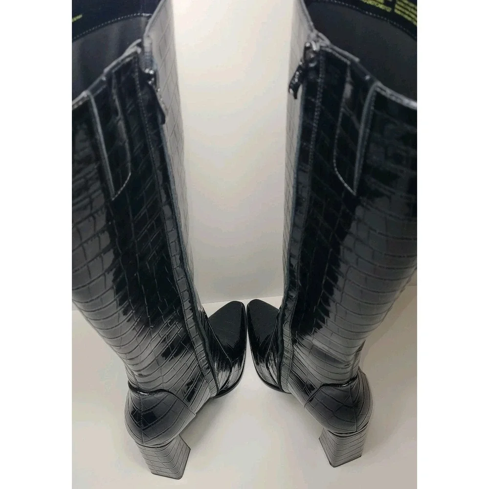 DKNY Knee High Boots Size 8M Black Croc Embossed Block Heel Charcoal Iridescent